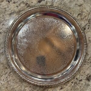 Vintage Etched Silver Plated Round Serving Tray 12 Inch Gadroon Edge Floral